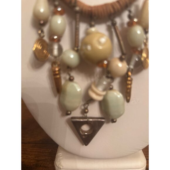 Boho Babe Chunky Bead Tassel Necklace Suede Cord & Tribal Vibe Gold Tone Pendant - Picture 2 of 14